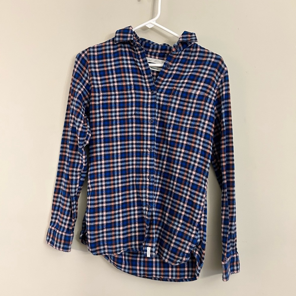 Woolrich Womens XS Pemberton Flannel Shirt Blue Orange 100% Cotton Long Sleeve